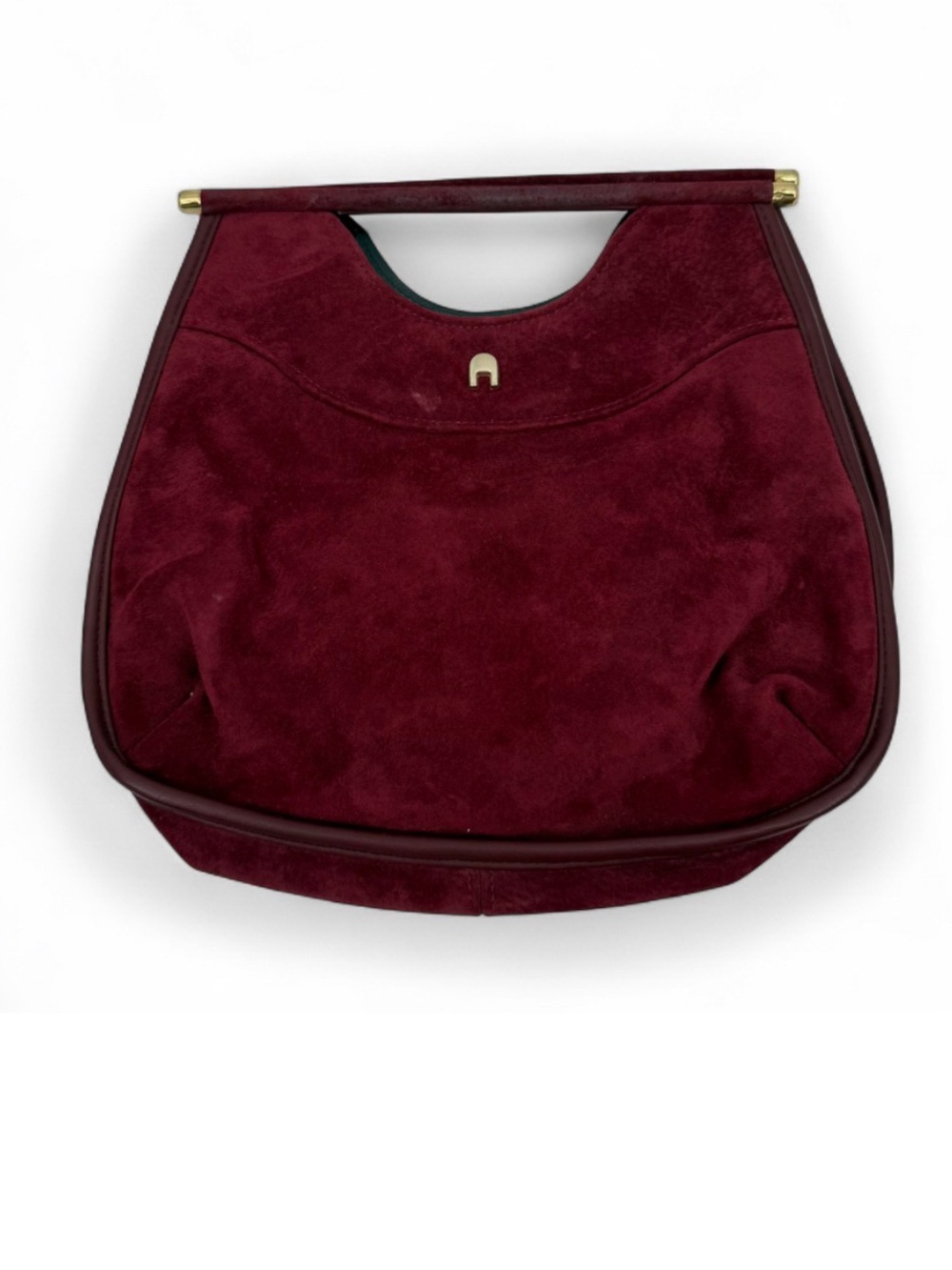 Vintage Burgundy Suede Top Handle Handbag Gold Hardware Structured Purse